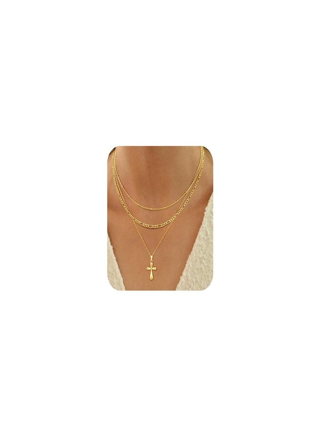 ASCOMY Gold Necklace for Women 14K Gold Plated Layered Necklaces Stackable Layering Satellite Choker Figaro Chain Cross Pendant Necklace Stacking Gold Choker Necklaces Set Trendy Jewelry Gift for Her - Image 1